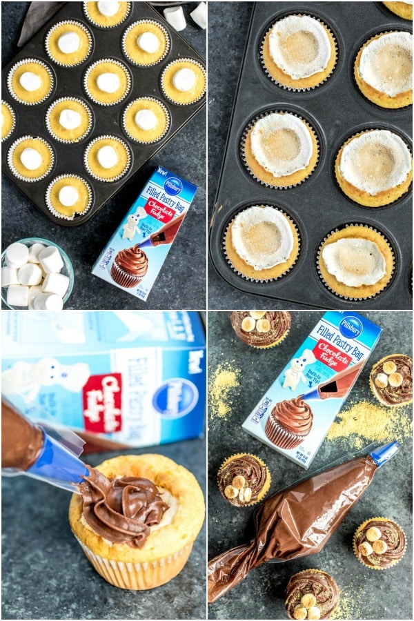 Step-by-step instructions on how to make a s'mores cupcake