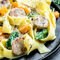 Creamy Sausage Pasta with Butternut Squash on plate