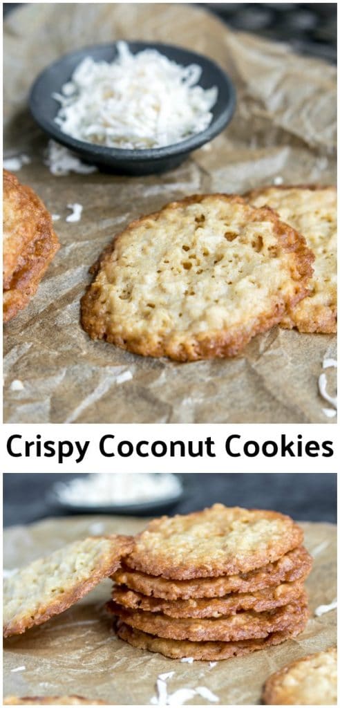 These Crispy Coconut Cookies are one of my favorite classic cookie recipes. They are light, delicious cookies that are perfectly crispy on the outside with just a little but of chewy in the middle. A mix of oats and coconut make these classic cookies the perfect Christmas cookie recipe for your next cookie exchange! #cookies #coconut #christmascookies #christmas #dessert #homemadeinterest