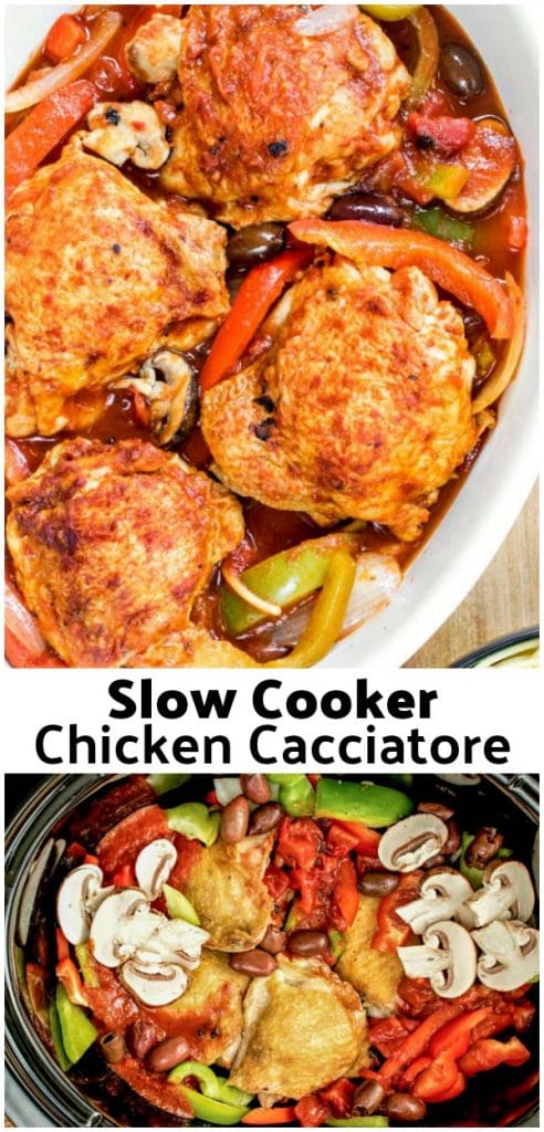 Slow Cooker Chicken Cacciatore is one of those easy crock pot recipes that families will love for dinners. Chicken braised in a rich tomato sauce and served with potatoes or pasta, slow cooker chicken cacciatore, or hunter-style chicken, is one of those comfort foods everyone loves. #italian #chicken #dinner #sauce #slowcooker #crockpot #chickencacciatore #comfortfood #homemadeinterest