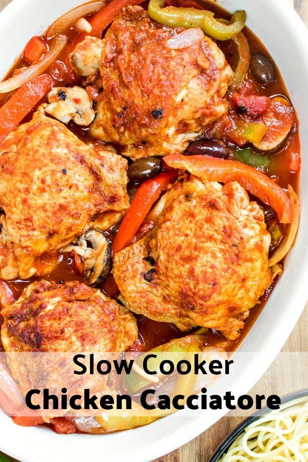 Slow Cooker Chicken Cacciatore is one of those easy crock pot recipes that families will love for dinners. Chicken braised in a rich tomato sauce and served with potatoes or pasta, slow cooker chicken cacciatore, or hunter-style chicken, is one of those comfort foods everyone loves. #italian #chicken #dinner #sauce #slowcooker #crockpot #chickencacciatore #comfortfood #homemadeinterest