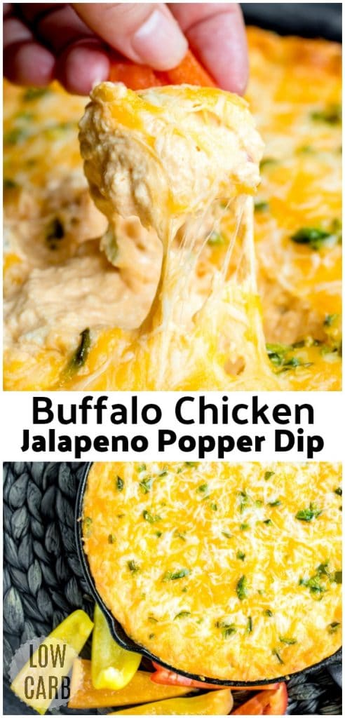 Buffalo Chicken Jalapeno Popper Dip is an easy hot dip recipe that is low carb. Whether you're hosting a game day party and you're looking for an awesome football party food idea, or you're just having some friends over on a Saturday night, this easy baked jalapeno popper dip is the appetizer recipe for you. #gameday #buffalochicken #spicy #jalapeno #jalapenopopper #dip #appetizer #homemadeinterest