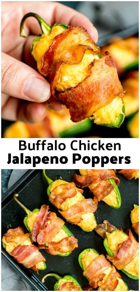 Easy Buffalo Chicken Jalapeno Poppers wrapped in bacon for the perfect spicy appetizer. Buffalo chicken dip made with cream cheese, cheddar cheese, stuffed into jalapenos, and wrapped in bacon. This is a low carb, keto appetizer for your next football party or tailgating! #gameday #jalapenos #jalapenopoppers #buffalochicken #cheese #keto #lowcarbdiet #lowcarb #homemadeinterest