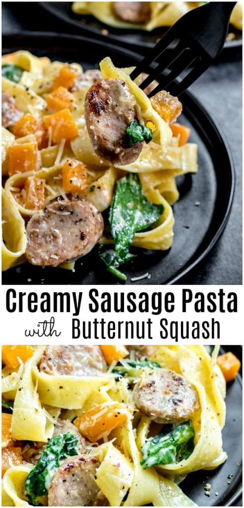 Creamy Sausage Pasta with Butternut Squash is an easy weeknight dinner recipe made with chicken sausage, butternut squash, spinach, and papperdelle noodles tossed with a creamy sauce. It is the perfect dinner for busy school nights, and total comfort food for fall! #ad #RealTalkColeman #sausage #pasta #butternutsquash #fallrecipe #easydinner #homemadeinterest