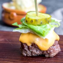 assembled Keto Big Mac Bites with lettuce, pickles, cheese, and patty