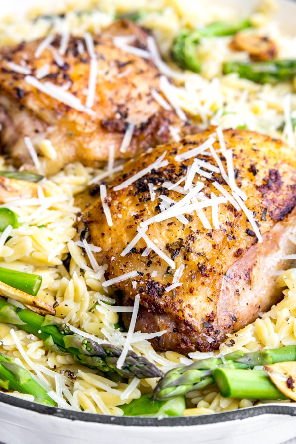 One Pot Parmesan Chicken & Orzo topped with parm