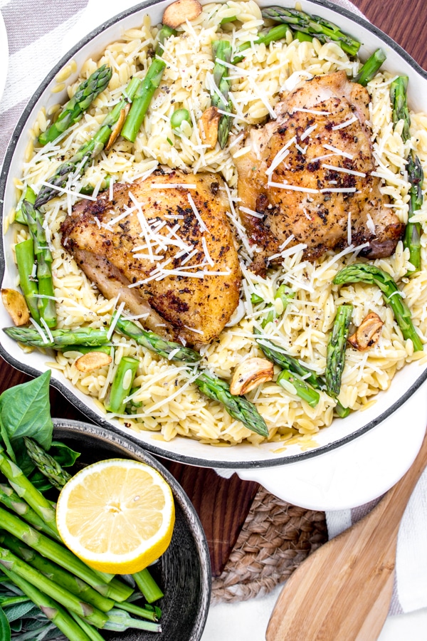 table with One Pot Parmesan Chicken & Orzo