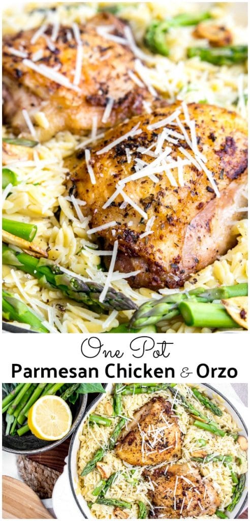 This simple One Pot Parmesan Chicken and Orzo is a combination of perfectly cooked chicken thighs and a creamy Parmesan orzo with fresh asparagus. It's one of those easy one pot meals that makes the perfect dinner recipe for families. #dinner #chicken #parmesan #cheese #onepot #easydinnerrecipes #homemadeinterest