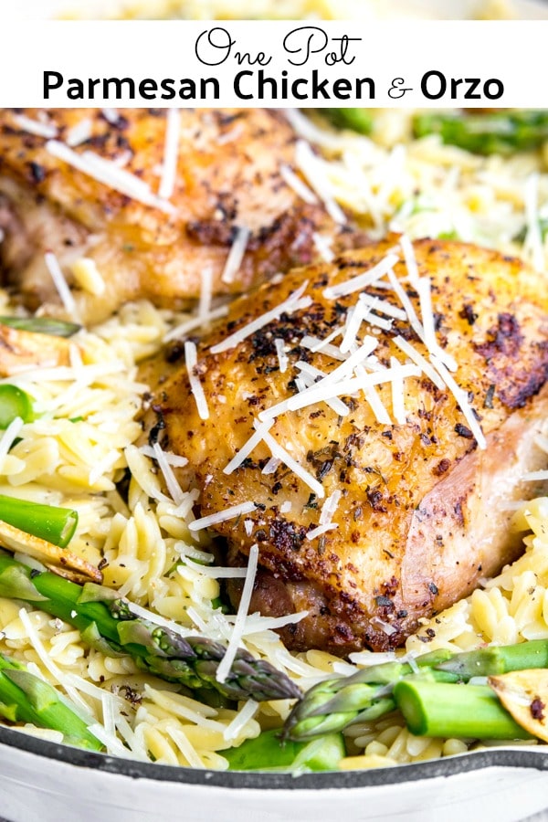 This simple One Pot Parmesan Chicken and Orzo is a combination of perfectly cooked chicken thighs and a creamy Parmesan orzo with fresh asparagus. It's one of those easy one pot meals that makes the perfect dinner recipe for families. #dinner #chicken #parmesan #cheese #onepot #easydinnerrecipes #homemadeinterest