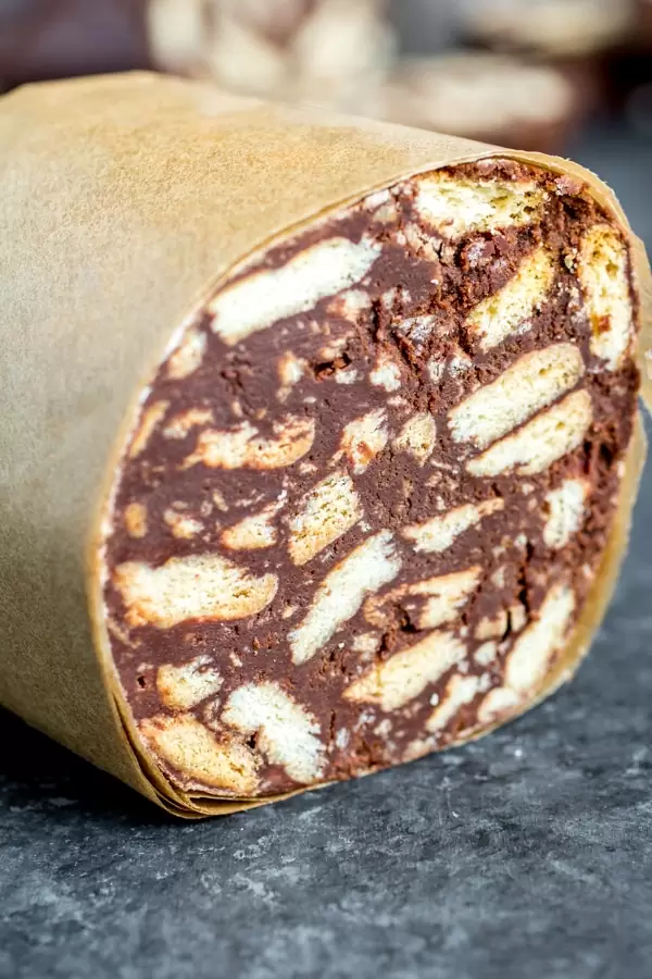 wrapped half of Portuguese Chocolate Salami
