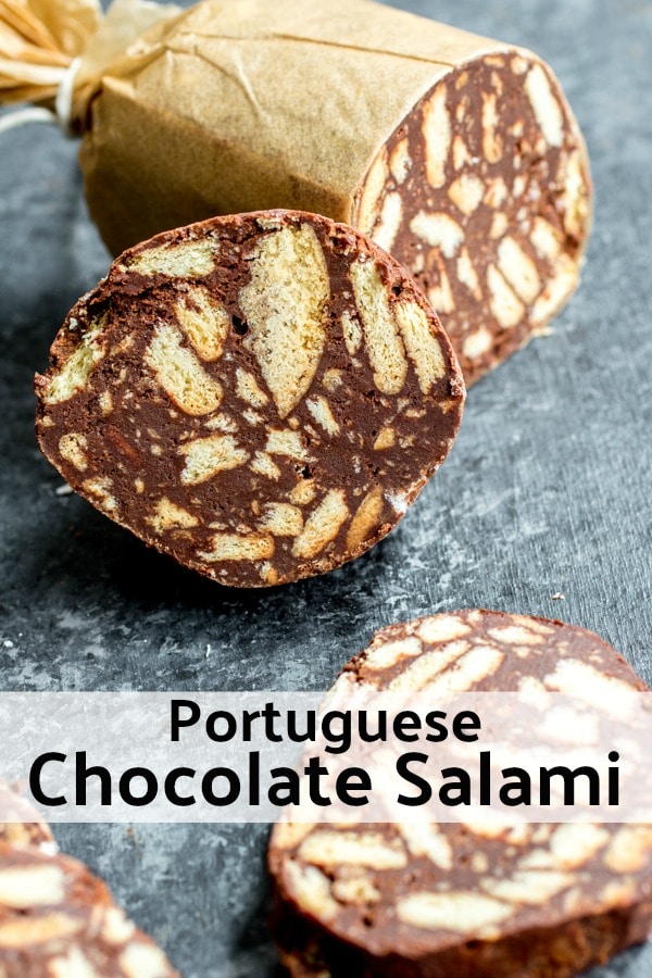This easy recipe for Chocolate Salami ,or Salame de Chocolate, is a Portuguese dessert or Italian dessert recipe that combines dark chocolate and Maria biscuits (cookies) into an amazing chocolate dessert that is a perfect Christmas dessert. This version is Chocolate Salami with no nuts. #chocolate #christmasdessert #dessert #sweettreat #homemadeinterest