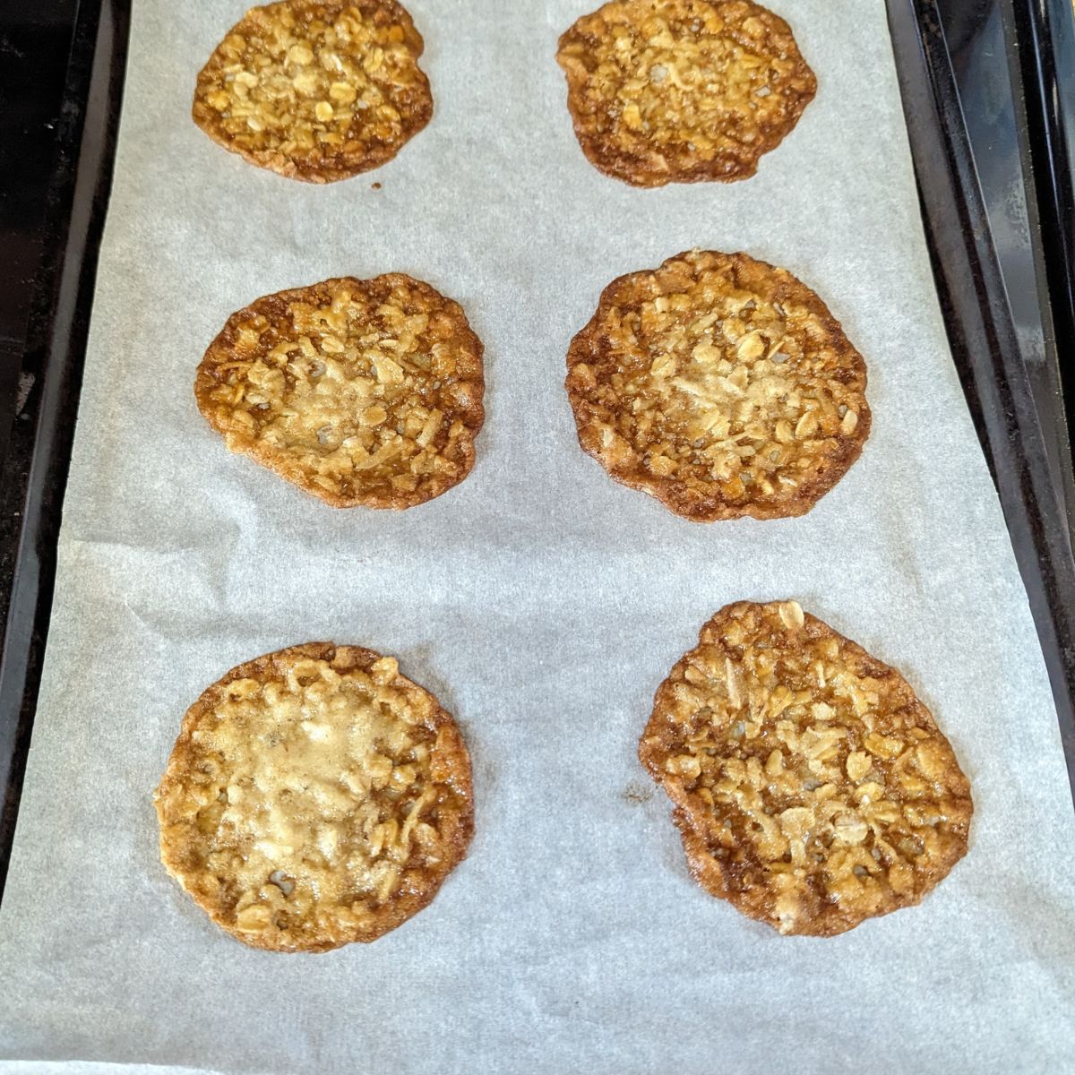 A tray of coconut oatmeal lace cookies on a baking sheet.