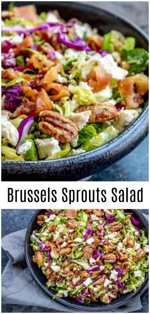 This easy Brussels Sprout Salad is filled with shaved or shredded Brussels sprouts, candied pecans, goat cheese, and bacon, tossed in a balsamic dressing. It is a raw Brussels sprout salad that is served cold. It is a delicious winter salad recipe that makes a delicious Thanksgiving side dish or Christmas side dish. #salad #brusselssprouts #thanksgiving #sidedish #christmas #pecan #homemadeinterest