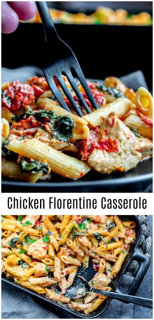 This simple Chicken Florentine Pasta is cooked in a skillet and then tossed with cheese and baked. It is an easy chicken casserole made with spinach, sun dried tomatoes, and a creamy sauce. This is a chicken florentine recipe that the whole family will love. #pasta #casserole #chicken #easyrecipes #dinnerrecipes #baked #homemadeinterest