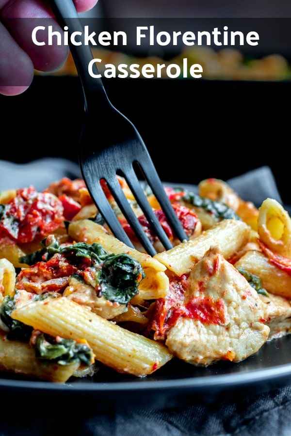 This simple Chicken Florentine Pasta is cooked in a skillet and then tossed with cheese and baked. It is an easy chicken casserole made with spinach, sun dried tomatoes, and a creamy sauce. This is a chicken florentine recipe that the whole family will love. #pasta #casserole #chicken #easyrecipes #dinnerrecipes #baked #homemadeinterest