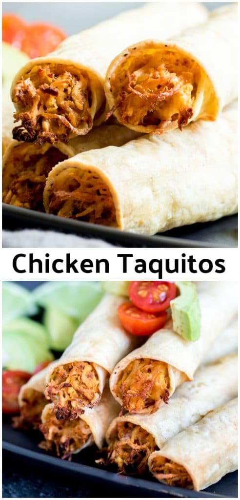 These easy, cheesy Chicken Taquitos are baked, not fried, and the corn tortillas are stuffed full of shredded chicken seasoning with homemade taco seasoning, and lots of cheese. Save time and make Crock pot shredded chicken or use a rotisserie chicken for this easy weeknight dinner recipe. #chicken #mexican #tortillas #taquitos #homemadeinterest #easyrecipes