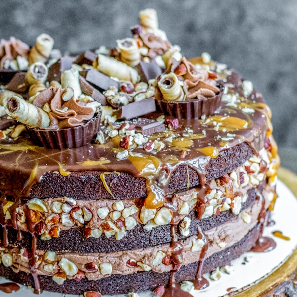 Chocolate Hazelnut Brownie Cake with caramel