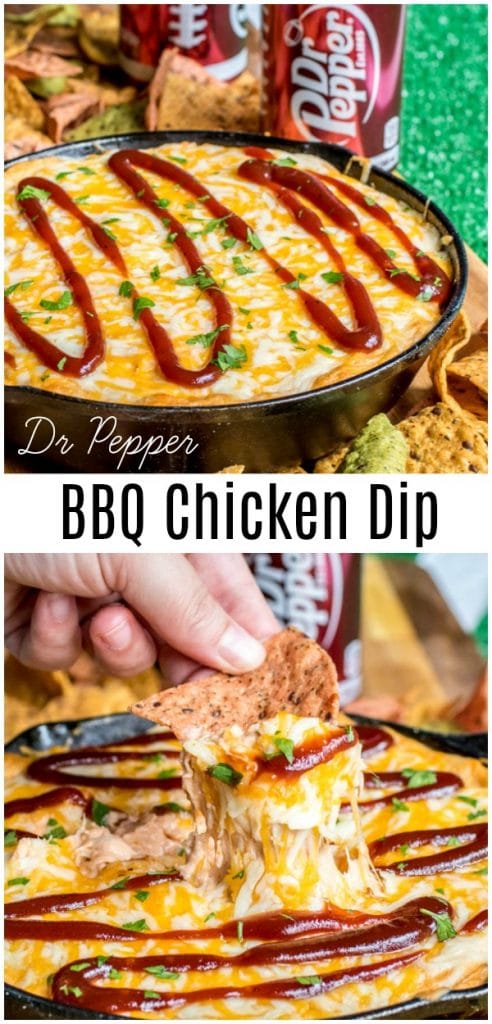 This easy Dr Pepper BBQ Chicken Dip is the perfect recipe for football season! Dr Pepper BBQ sauce, cream cheese, sour cream, mayonnaise, chicken, and cheese are baked together for a sweet and savory hot dip that makes a great party appetizer. #gamedayrecipes #gameday #football #dip #bbq #cheese #drpepper #homemadeinterest
