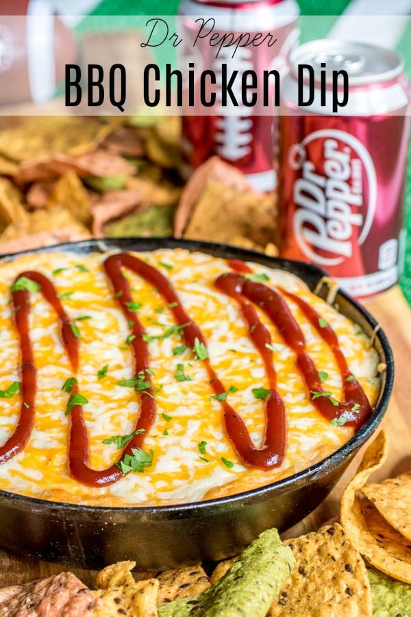 This easy Dr Pepper BBQ Chicken Dip is the perfect recipe for football season! Dr Pepper BBQ sauce, cream cheese, sour cream, mayonnaise, chicken, and cheese are baked together for a sweet and savory hot dip that makes a great party appetizer. #gamedayrecipes #gameday #football #dip #bbq #cheese #drpepper #homemadeinterest