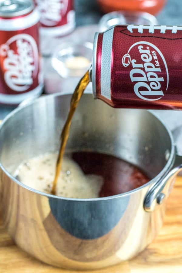 pouring Dr Pepper can to make Dr Pepper BBQ Chicken Dip