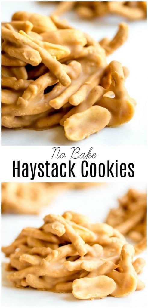 No Bake Haystack Cookies are an easy cookie recipe made with creamy peanut butter and butterscotch, crunchy chow mien noodles, and salty peanuts. There are lots of variations including making them with marshmallows or chocolate. They are a simple Christmas cookie recipe that is perfect for this year's cookie exchange! #christmascookies #nobake #butterscotch #cookie #peanutbutter #christmasdessert #sweetandsalty #homemadeinterest