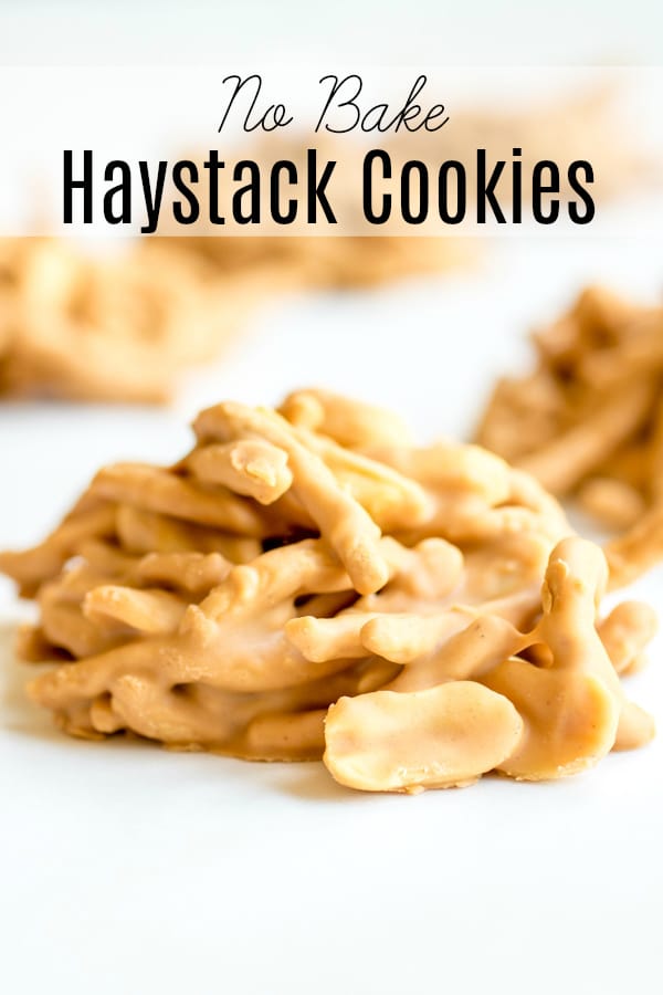 No Bake Haystack Cookies are an easy cookie recipe made with creamy peanut butter and butterscotch, crunchy chow mien noodles, and salty peanuts. There are lots of variations including making them with marshmallows or chocolate. They are a simple Christmas cookie recipe that is perfect for this year's cookie exchange! #christmascookies #nobake #butterscotch #cookie #peanutbutter #christmasdessert #sweetandsalty #homemadeinterest