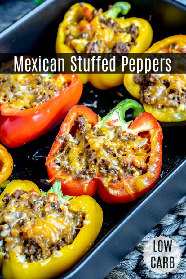 These Mexican Stuffed Peppers are a healthy low carb dinner recipe made with ground beef, cauliflower rice, and lots of cheese. This is an easy keto recipe that is perfect for weeknight dinners. Make stuffed peppers ahead of time and have them ready to heat up all week long. #makeahead #easydinnerrecipes #lowcarbdiet #lowcarb #keto #stuffedpeppers #peppers #groundbeef #cauliflowerrice #homemadeinterest