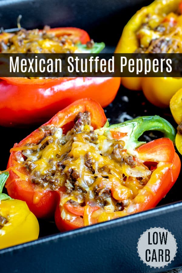 These Mexican Stuffed Peppers are a healthy low carb dinner recipe made with ground beef, cauliflower rice, and lots of cheese. This is an easy keto recipe that is perfect for weeknight dinners. Make stuffed peppers ahead of time and have them ready to heat up all week long. #makeahead #easydinnerrecipes #lowcarbdiet #lowcarb #keto #stuffedpeppers #peppers #groundbeef #cauliflowerrice #homemadeinterest