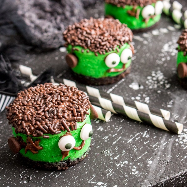 chocolate sprinkles on Mini Frankenstein Cheesecakes