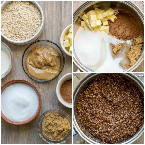 Ingredients and step-by-step process for making no bake chocolate oatmeal cookies