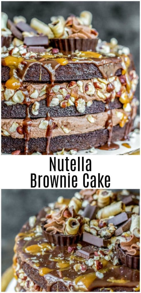 This is one of the best Nutella dessert recipes ever! Nutella Brownie Cake is layers of rich chocolate brownies, creamy Nutella frosting, toasted hazelnuts, and a smooth chocolate ganache. It is hands down the BEST cake for birthday parties and it makes a great Thanksgiving dessert, Christmas dessert, or New Year's Eve dessert! #cake #brownies #nutella #chocolate #christmas #newyears #thanksgiving #dessert #homemadeinterest