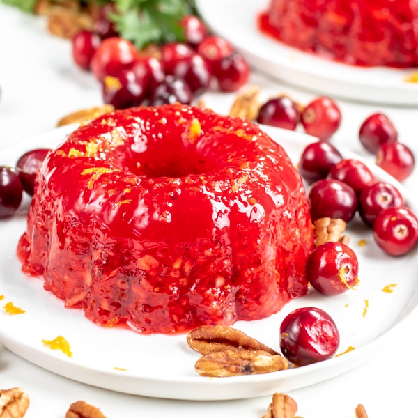 Cranberry Jello Salad in a mini jello mold with fresh cranberries and pecans