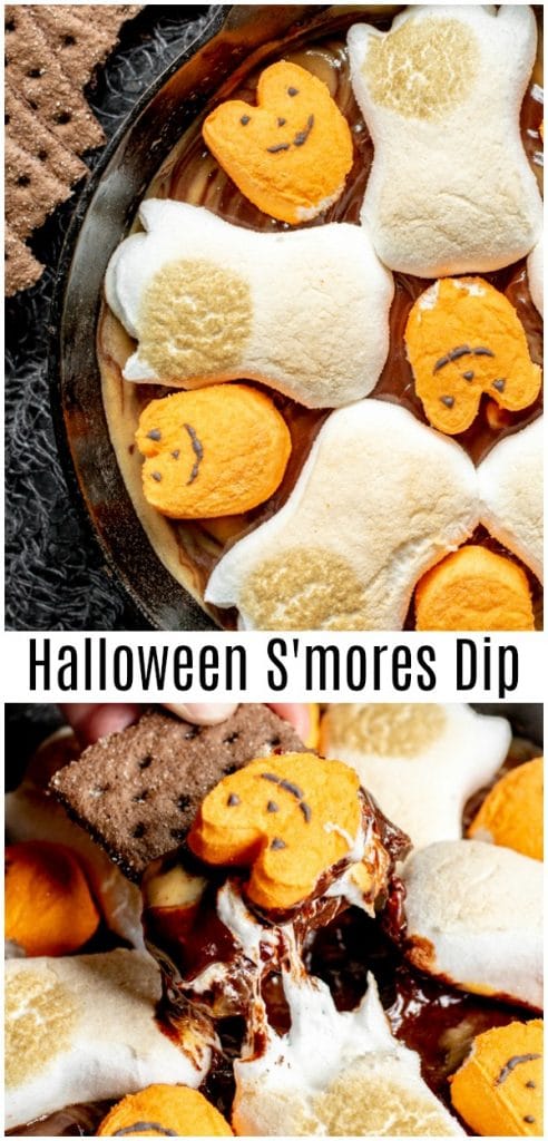 This easy Halloween S'mores Dip is baked in the oven to give you perfectly toasted marshmallows over delicious chocolate and peanut butter swirl made in the microwave. Chocolate chips, peanut butter chips, and Halloween Peeps make this easy Halloween dessert perfect for Halloween parties for kids or adults! #halloween #halloweenparty #smores #chocolate #marshmallows #partyfood #dip #sweettreats #homemadeinterest