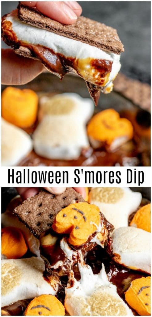 This easy Halloween S'mores Dip is baked in the oven to give you perfectly toasted marshmallows over delicious chocolate and peanut butter swirl made in the microwave. Chocolate chips, peanut butter chips, and Halloween Peeps make this easy Halloween dessert perfect for Halloween parties for kids or adults! #halloween #halloweenparty #smores #chocolate #marshmallows #partyfood #dip #sweettreats #homemadeinterest