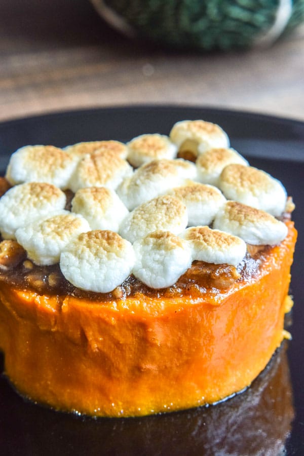 Mini Sweet Potato Casserole with brown sugar, pecans, and toasted marshmallows on top.
