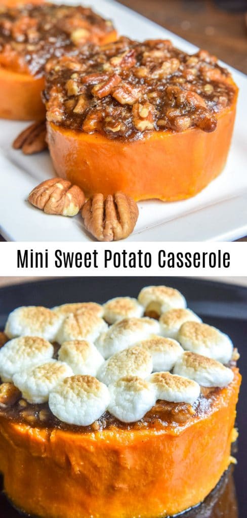 This easy Mini Sweet Potato Casserole recipe is made with pecans and, if you like, with marshmallows. It is individual sweet potato casseroles that are the BEST Thanksgiving side dish recipe. Brown sugar, pecans, butter, and toasted marshmallows on top of sweet potato slices for the perfect single serving of sweet potato casserole. #thanksgiving #thanksgivingsidedishes #sidedish #sweetpotatoes #casserole #homemadeinterest