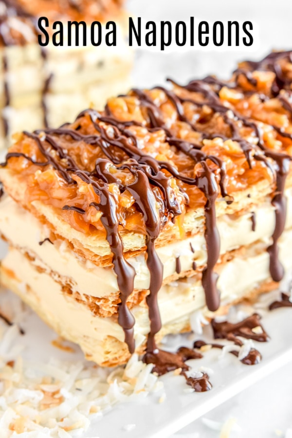 This easy Samoa Napoleon Cake puts a Girl Scout cookie spin on a classic Napoleon cake. Samoa Napoleon Cake, or Mille-Feuille, is a delicate cake made with flakey puff pastry, sweet caramel cream, and the rich coconut and caramel flavor of Samoa cookies! It is a beautiful, decadent dessert recipe. #dessert #girlscoutcookies #caramel #coconut #pastry #puffpastry #homemadeinterest