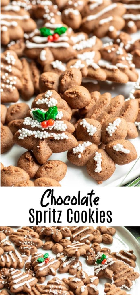 These are the BEST Chocolate Spritz Cookies and one of my favorite Christmas cookie recipes. These buttery spritz cookies are made with cocoa powder for a chocolate flavor and pressed through a cookie press to make delicate cookies decorated with royal icing. They are a classic Christmas cookie recipe that is perfect for the holidays. #christmas #cookies #chocolate #christmascookies #cookieexchange #homemadeinterest