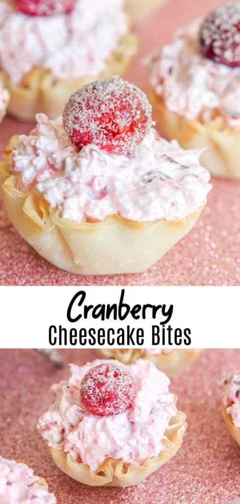 These delicious Cranberry Fluff Cheesecake Bites are an easy bite-size dessert filled with sweet cream cheese topped with light cranberry fluff. They are a no bake Christmas dessert recipe or Thanksgiving dessert, that is the perfect easy recipe for your holiday party. #christmas #thanksgiving #cranberries #dessert #cheesecake #bitesized #thanksgivingdesserts #christmasdesserts #homemadeinterest