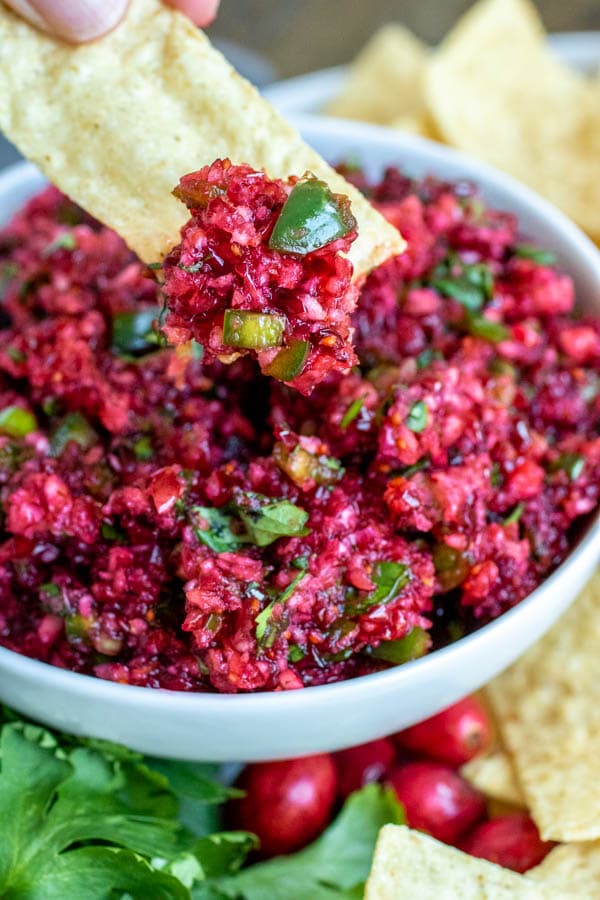 Close-up of fresh cranberry salsa with cilantro and jalapeno