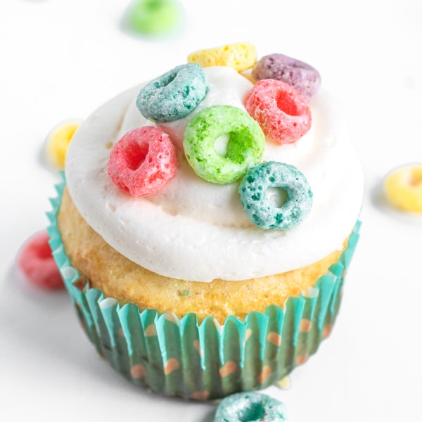 Froot Loops Cupcake with multicolor Froot Loops on top