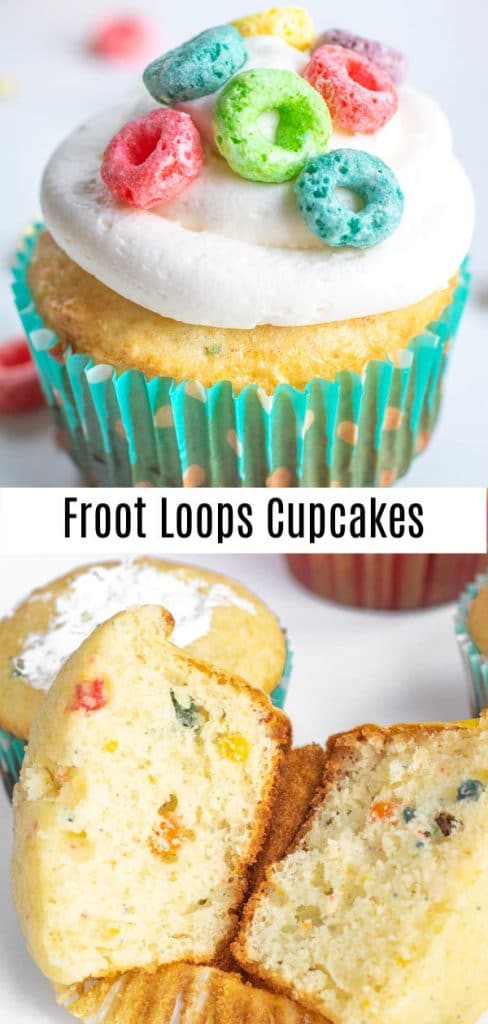 These Froot Loops Cupcakes mean you can have breakfast for dessert! Made with cereal milk, box cake mix, and crunchy Froot Loops these easy homemade cupcakes are a fun way to use Froot Loops breakfast cereal for something other than breakfast. These make a great after school snack for the kids, or just a fun dessert for the family. #ad #KelloggsCerealYourWay @kelloggsus @samsclub #breakfast #cereal #cupcakes #cupcakerecipes #dessert #homemadeinterest