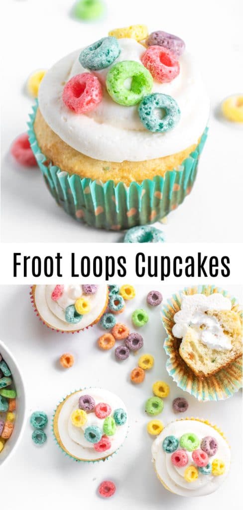 These Froot Loops Cupcakes mean you can have breakfast for dessert! Made with cereal milk, box cake mix, and crunchy Froot Loops these easy homemade cupcakes are a fun way to use Froot Loops breakfast cereal for something other than breakfast. These make a great after school snack for the kids, or just a fun dessert for the family. #ad #KelloggsCerealYourWay #breakfast #cereal #cupcakes #cupcakerecipes #dessert #homemadeinterest