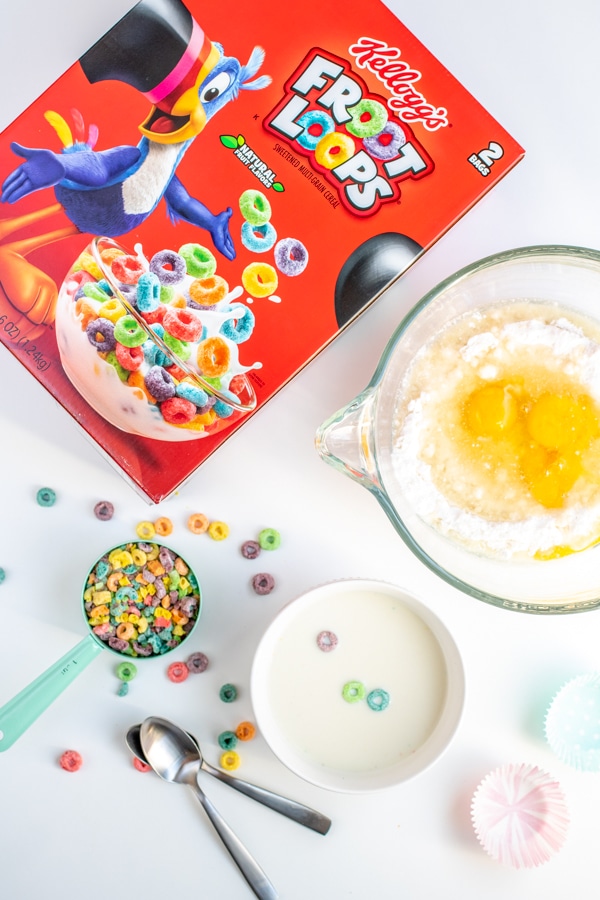 Box of Froot Loops and ingredients to make Froot Loops Cupcakes