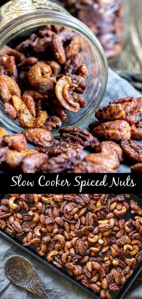 Sweet and spicy, these Slow Cooker Spiced Nuts are an easy holiday snack made with brown sugar and spices, slowly cooked in your De’Longhi Livenza Slow Cooker until the pecans, cashews, and almonds are candied. No eggs required! They make a great Christmas gift for friends and family. AD #delonghi #livewell #christmas #christmasrecipes #pecans #candiedpecans #almonds #cashews #snackmix #homemadeinterest