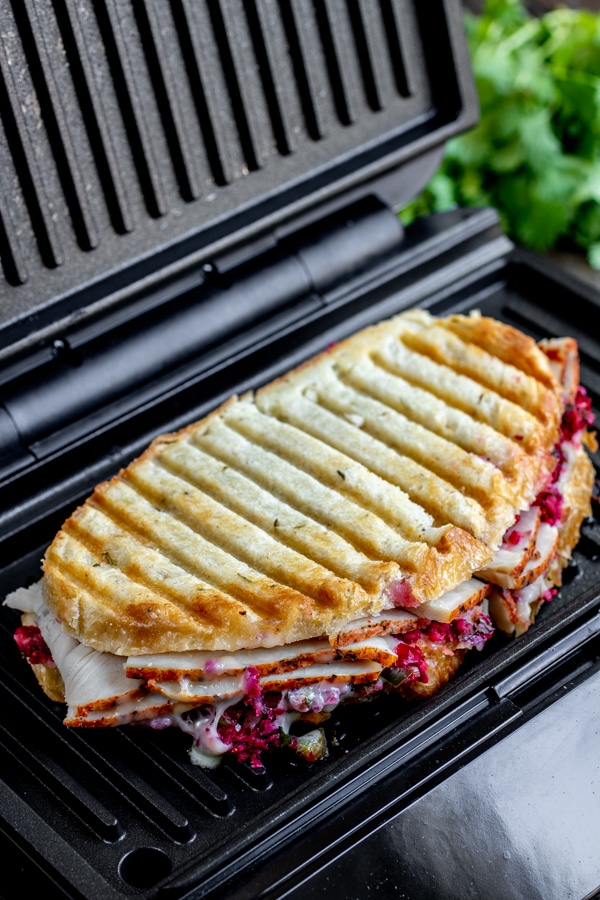 Turkey and cranberry panini freshly toasted with grill marks on bread
