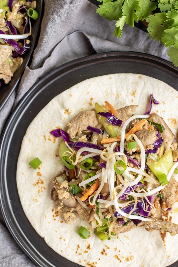 open face Low Carb Moo Shu Pork on a low carb tortilla