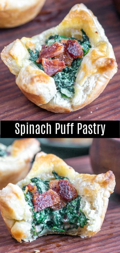 These easy Spinach Puff Pastries are one of my favorite savory, make ahead, fingers foods. These bite size cups are filled with creamed spinach and bacon. They are perfect for serving on Thanksgiving, Christmas, or New Year's Eve parties. #partyfood #spinach #appetizers #bitesized #bacon #christmas #newyears #puffpastry #homemadeinterest