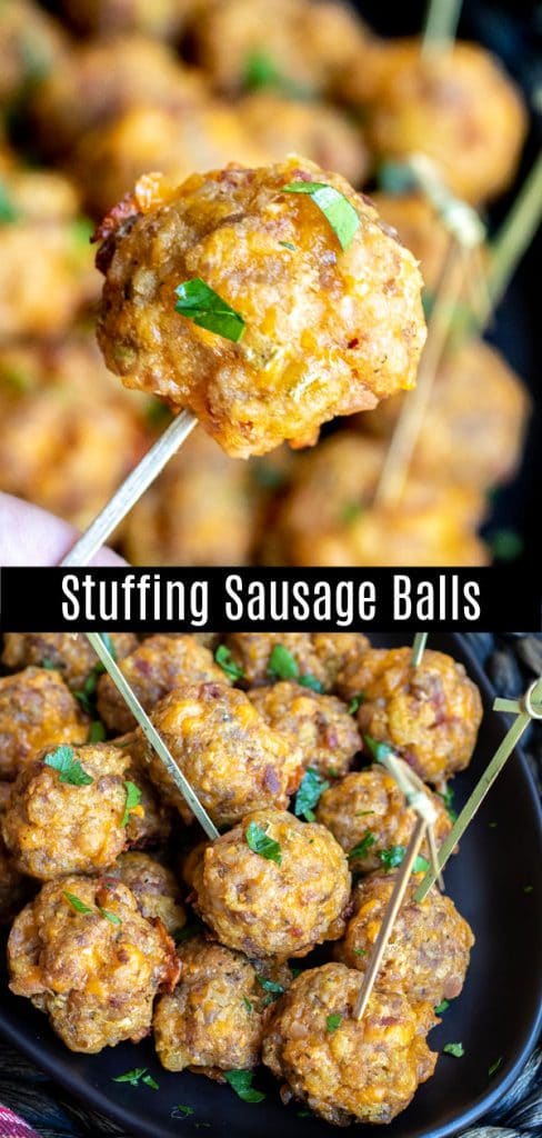 #AD: This is the BEST recipe for Stuffing Sausage balls made with sausage, bacon, stuffing, and cheddar cheese. This easy make ahead sausage ball recipe is a great appetizer for holiday parties! #sausage #sausageballs #bacon #stuffing #appetizer #christmas #thanksgiving #newyears