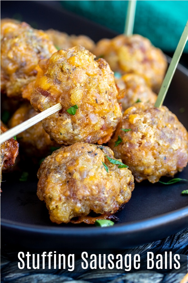 #AD: This is the BEST recipe for Stuffing Sausage balls made with sausage, bacon, stuffing, and cheddar cheese. This easy make ahead sausage ball recipe is a great appetizer for holiday parties! #sausage #sausageballs #bacon #stuffing #appetizer #christmas #thanksgiving #newyears